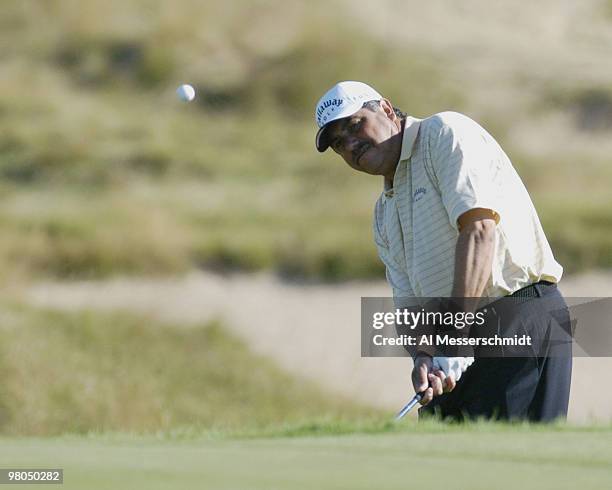 Eduardo Romero chips during third-round play at Whistling Straits during the 86th PGA Championship in Haven, Wisconsin on August 14, 2004.