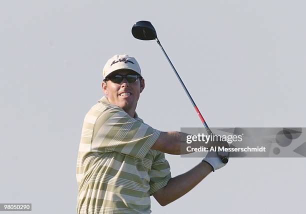 Justin Leonard tees off on the 16th hole during third-round play at Whistling Straits during the 86th PGA Championship in Haven, Wisconsin on August...