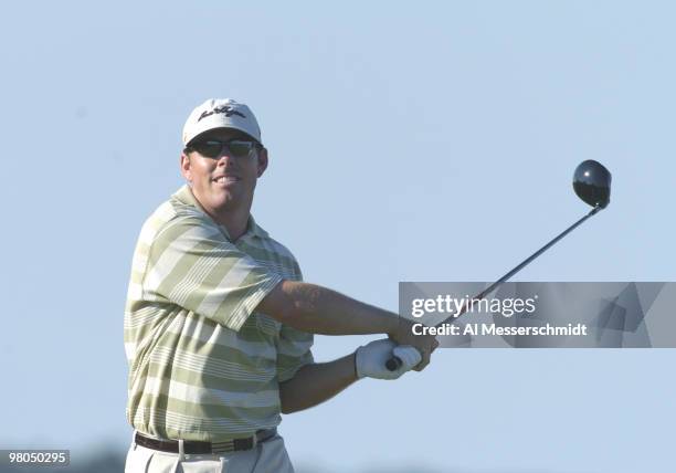 Justin Leonard tees off on the 16th hole during third-round play at Whistling Straits during the 86th PGA Championship in Haven, Wisconsin on August...