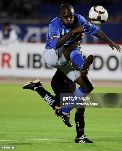 Emelec's Luis Zambrano in action during a 2010 Libertadores Cup match against Deportivo Quito at the Atahualpa Stadium on March 25, 2010 in Quito,...