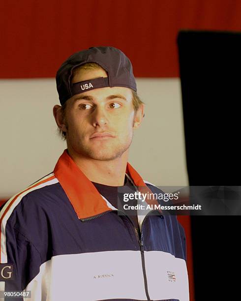 Andy Roddick waits to film a commercial after the 2004 David Cup semifinal draw ceremony September 23, 2004 aboard the USS Yorktown near Daniel...