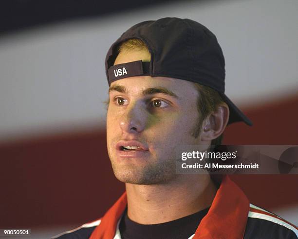 Andy Roddick waits to film a commercial after the 2004 David Cup semifinal draw ceremony September 23, 2004 aboard the USS Yorktown near Daniel...