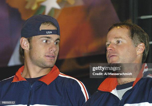 Andy Roddick and captain Patrick McEnroe during the 2004 David Cup semifinal draw ceremony September 23, 2004 aboard the USS Yorktown near Daniel...