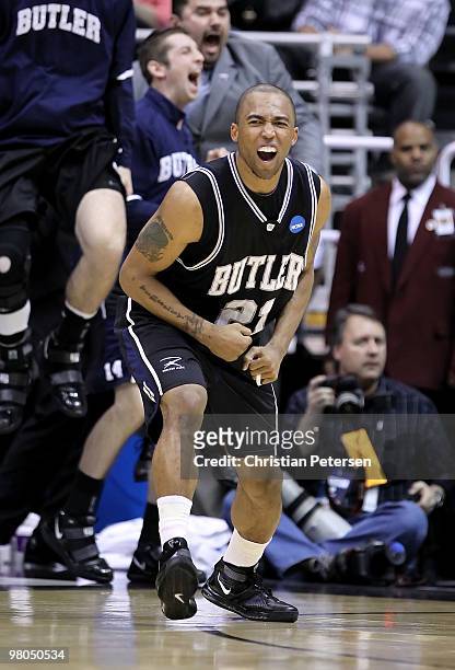 Willie Veasley of the Butler Bulldogs celebrates after hitting a three point shot against the Syracuse Orange during the west regional semifinal of...