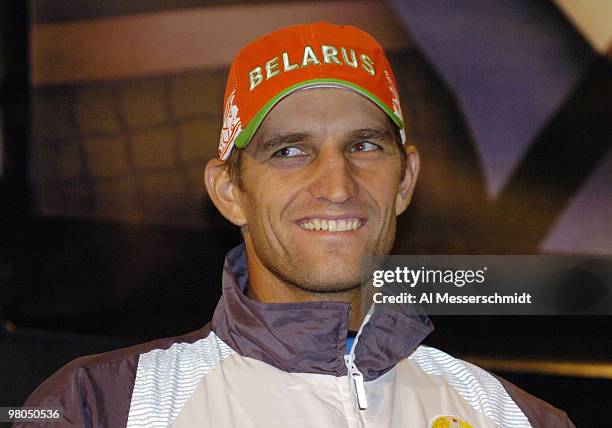 Max Mirnyi, the top player from Belarus, watches the 2004 David Cup semifinal draw ceremony September 23, 2004 aboard the USS Yorktown near Daniel...