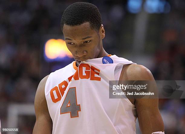 Wesley Johnson of the Syracuse Orange looks on against the Butler Bulldogs during the west regional semifinal of the 2010 NCAA men's basketball...