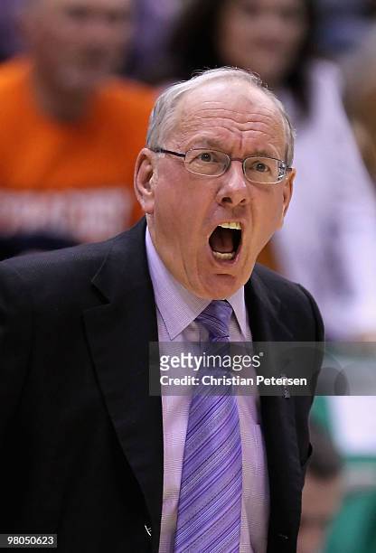 Head coach Jim Boeheim of the Syracuse Orange reacts during the west regional semifinal of the 2010 NCAA men's basketball tournament against the...