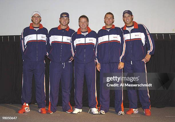 The United States team poses after the 2004 David Cup semifinal draw ceremony September 23, 2004 aboard the USS Yorktown near Daniel Island, South...