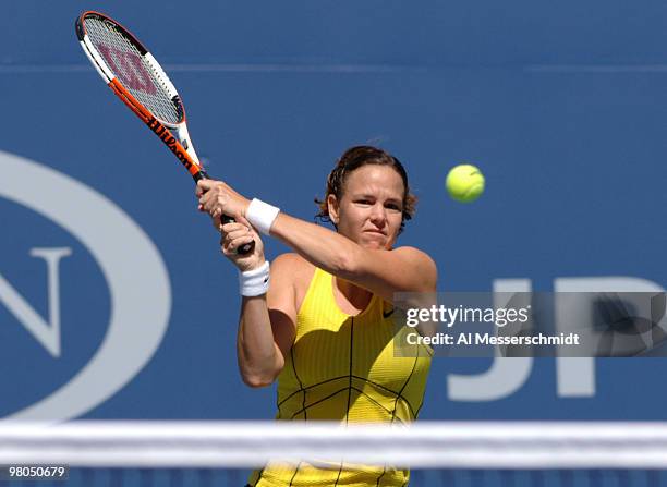 Lindsay Davenport defeats Nathalie Dechy in a women's singles match at the 2005 U. S. Open in Flushing, New York on September 5, 2005. Davenport...