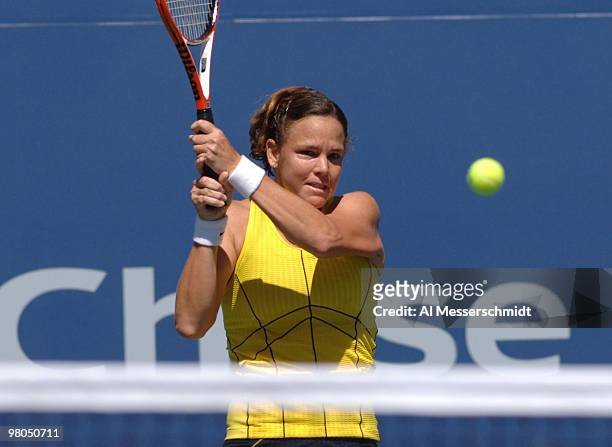 Lindsay Davenport defeats Nathalie Dechy in a women's singles match at the 2005 U. S. Open in Flushing, New York on September 5, 2005. Davenport...