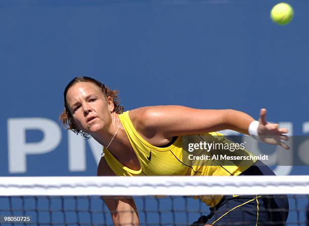 Lindsay Davenport defeats Nathalie Dechy in a women's singles match at the 2005 U. S. Open in Flushing, New York on September 5, 2005. Davenport...