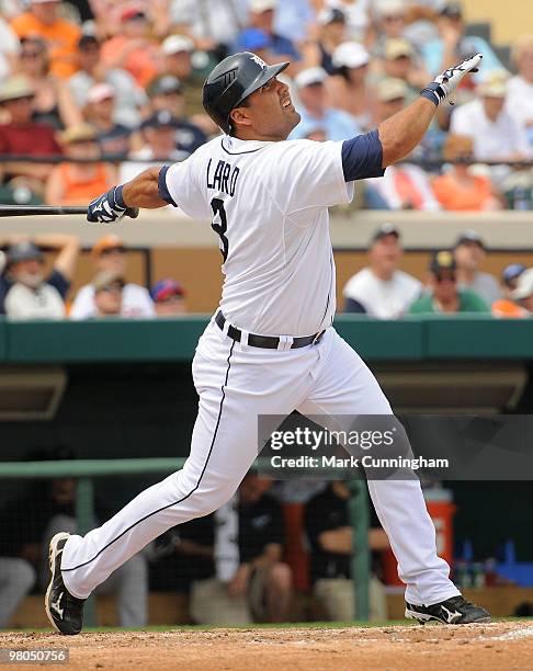 Gerald Laird of the Detroit Tigers bats against the Toronto Blue Jays during the spring training game at Joker Marchant Stadium on March 25, 2010 in...