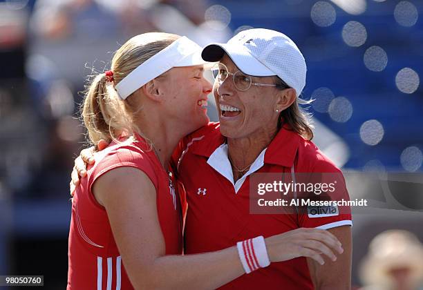 Martina Navratilova teams with Anna-Lena Groenefeld to advance from the 2005 U. S. Open quarterfinals in women's doubles with a 6-7 7-5 7-5 victory...