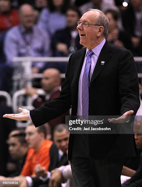 Head coach Jim Boeheim of the Syracuse Orange looks on against the Butler Bulldogs during the west regional semifinal of the 2010 NCAA men's...