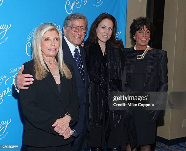 Nancy Sinatra, singer Tony Bennett, Joanna Bennett and Tina Sinatra attend the Broadway opening of "Come Fly Away" at the Marriott Marquis on March...