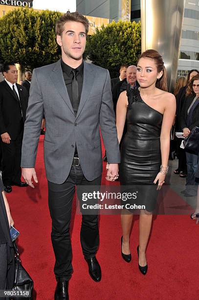 Actor Liam Hemsworth and actress/singer Miley Cyrus arrive at the "The Last Song" Los Angeles premiere held at ArcLight Hollywood on March 25, 2010...