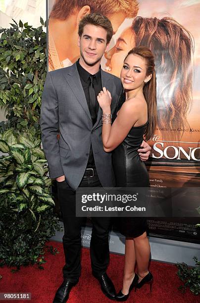 Actor Liam Hemsworth and actress/singer Miley Cyrus arrive at the "The Last Song" Los Angeles premiere held at ArcLight Hollywood on March 25, 2010...