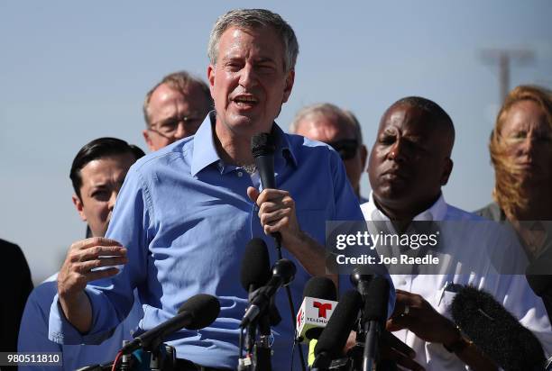 New York City Mayor Bill de Blasio speaks to the media as he joins other mayors with the U.S. Conference of Mayors at the Tornillo-Guadalupe port of...