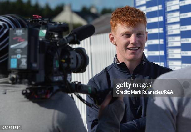 John Murphy of Kinsale speaks to the media after his victory over Viktor Hovland of Norway during the fourth day of The Amateur Championship at Royal...