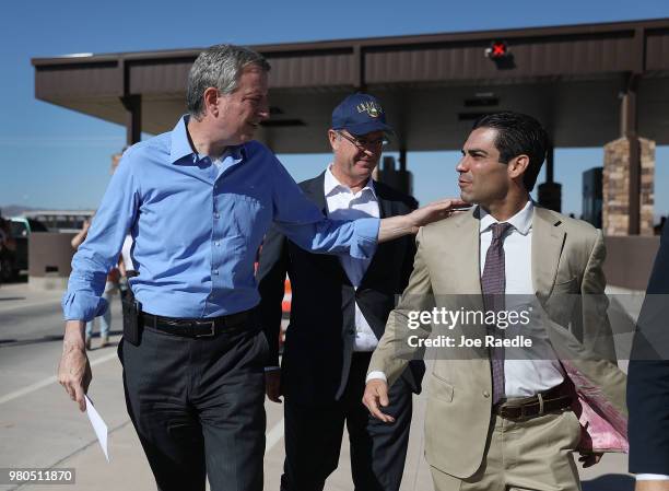 New York City Mayor Bill de Blasio and City of Miami Mayor Francis Suarez from the U.S. Conference of Mayors arrive with other mayors at the...