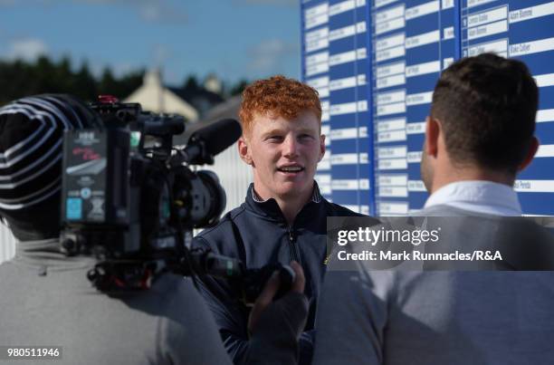 John Murphy of Kinsale speaks to the media after his victory over Viktor Hovland of Norway during the fourth day of The Amateur Championship at Royal...