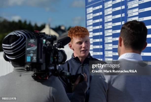 John Murphy of Kinsale speaks to the media after his victory over Viktor Hovland of Norway during the fourth day of The Amateur Championship at Royal...