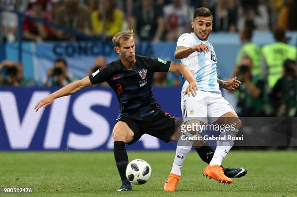 Eduardo Salvio of Argentina is challenged by Ivan Strinic of Croatia during the 2018 FIFA World Cup Russia group D match between Argentina and...