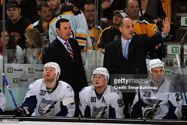 Former Boston Bruins players Adam Oates and Rick Tocchet coaching the Tampa Bay Lightning against the Boston Bruins at the TD Garden on March 25,...