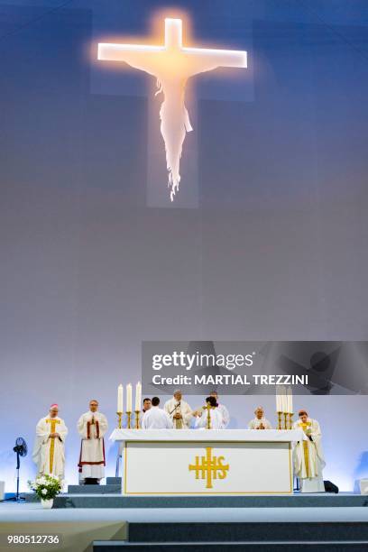 Pope Francis celebrates a mass during his one-day visit at the invitation of the World Council of Churches on June 21, 2018 in Palexpo hall inGeneva....