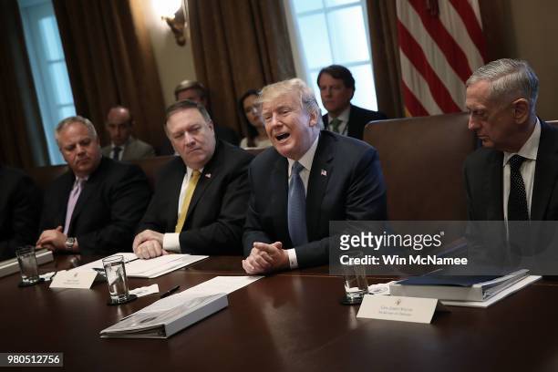 President Donald Trump speaks during a cabinet meeting at the White House June 21, 2018 in Washington, DC. Trump spoke extensively about current...