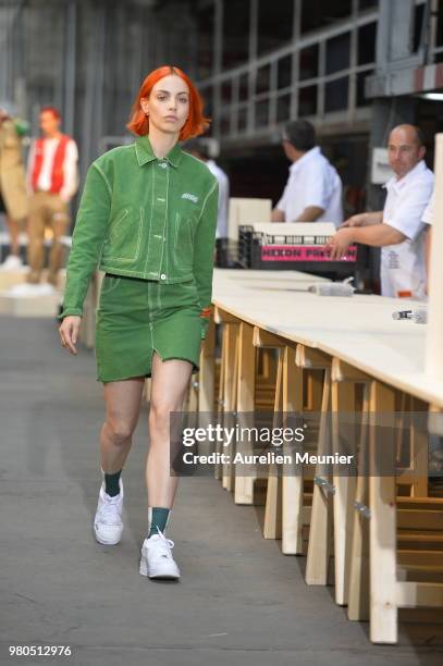 Model walks the runway during the Heron Preston Menswear Spring/Summer 2019 "En Vogue" Presentation as part of Paris Fashion Week on June 21, 2018 in...