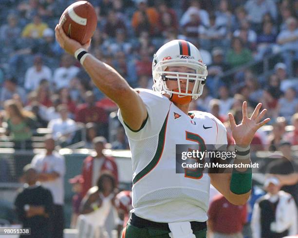 University of Miami quarterback Kyle Wright releases a pass against Temple at Lincoln Financial Field, October 15 in Philadelphia. The Hurricanes...