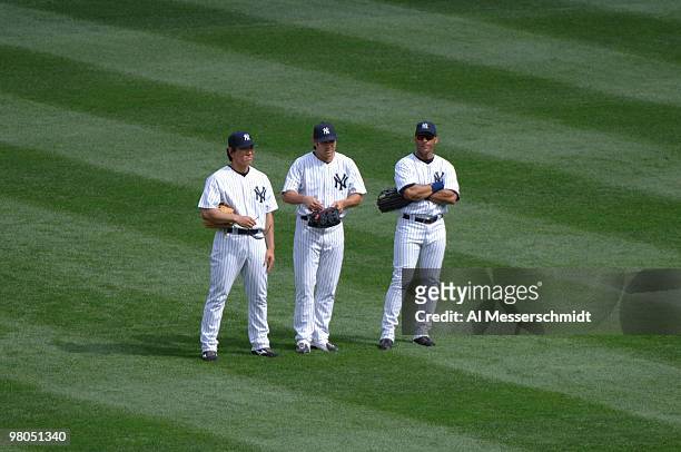 New York Yankees outfielders Hideki Matsui, Johnny Damon and Gary Sheffield against the Kansas City Royals April 13, 2006 in New York. The Yankees...