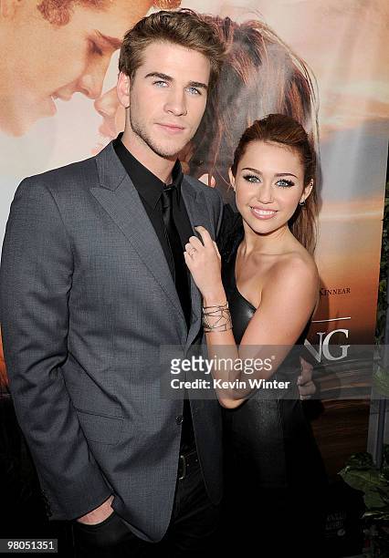 Actor Liam Hemsworth and actress/singer Miley Cyrus arrive at the premiere of Touchstone Picture's "The Last Song" held at ArcLight Hollywood on...