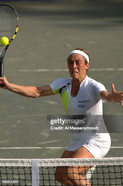 Francesca Schiavone teams with Kveta Peschke against Shinobu Asagoe and Katarina Srebotnik in the doubles semi-final on April 8, 2006 in the 2006 WTA...