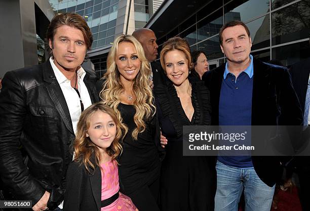Actor Billy Ray Cyrus, daughter Noah Cyrus, wife executive producer Tish Cyrus, actors Kelly Preston and John Travolta arrive at the "The Last Song"...