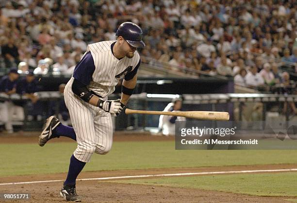 Arizona Diamondbacks catcher Chris Snyder dashes behind his bat to first base against the Florida Marlins August 13, 2006 in Phoenix. The Marlins won...