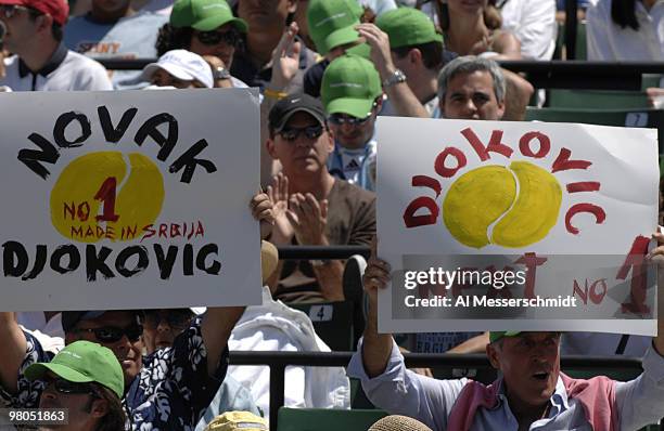 Fans cheer Novak Djokovic in the men's final at the 2007 Sony Ericsson Open at Crandon Park in Key Biscayne, Florida on April 1, 2007. Novak Djokovic...