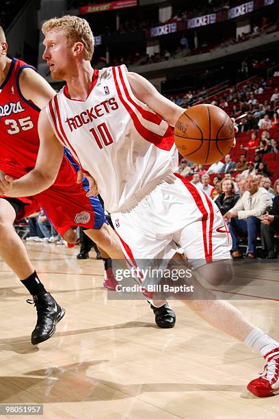 Chase Budinger of the Houston Rockets drives the ball against the Los Angeles Clippers on March 25, 2010 at the Toyota Center in Houston, Texas. NOTE...