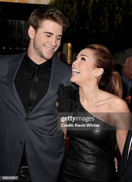 Actor Liam Hemsworth and actress/singer Miley Cyrus arrive at the premiere of Touchstone Picture's "The Last Song" held at ArcLight Hollywood on...