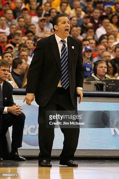 Head coach John Calipari of the Kentucky Wildcats reacts against the Cornell Big Red during the east regional semifinal of the 2010 NCAA men's...
