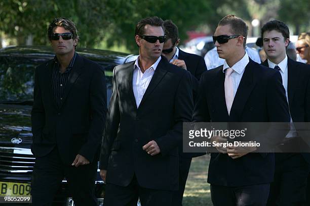 Surf life savers from the Bondi Rescue television series arrive for the funeral service for Saxon Bird, the NSW under 19 Ironman champion who died...