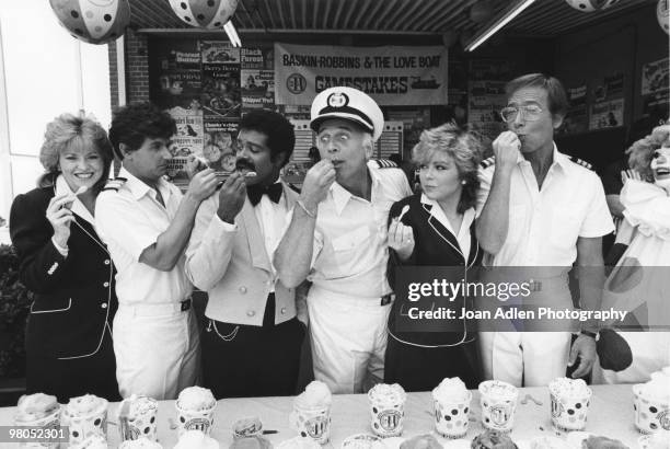 The Captain and crew of the television series, 'The Love Boat' take a break in the taping of the show to sample some of the 31 flavors from...