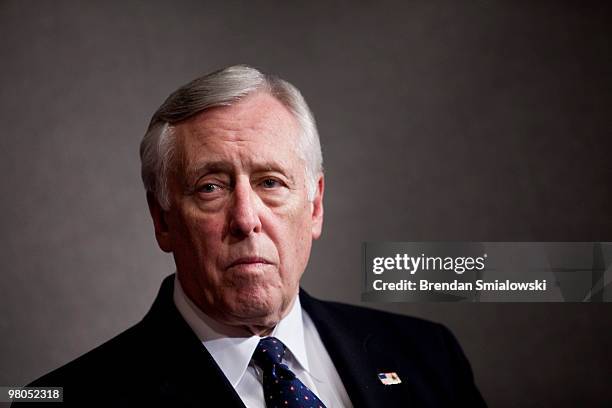 House Majority Leader Steny Hoyer listens during a news conference after a House vote on Capitol Hill March 25, 2010 in Washington, DC. The House of...