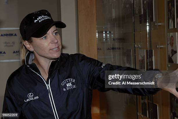 Annika Sorenstam shows memorabilia from her golf career at the opening of her Annika Academy for golf April 16, 2006 at the Ginn Golf Resort in...