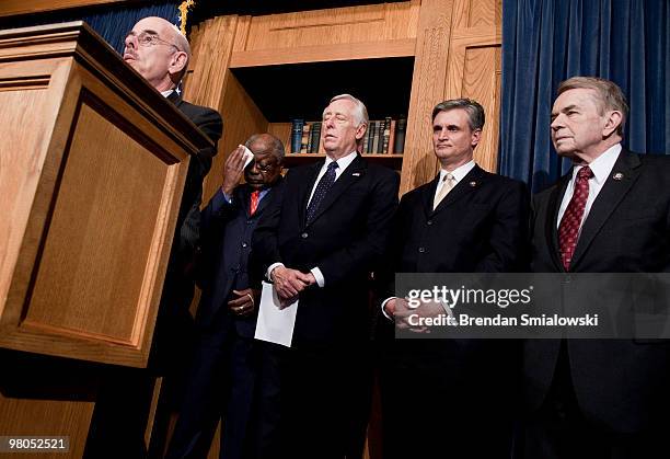 House Majority Whip James Clyburn , House Majority Leader Steny Hoyer , Rep. Robert Andrews and Rep. Dale E. Kildee listen as Rep. Henry Waxman...