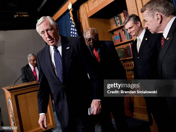 House Majority Leader Steny Hoyer , House Majority Whip James Clyburn , Rep. Robert Andrews and Rep. Dale E. Kildee leave after a news conference...