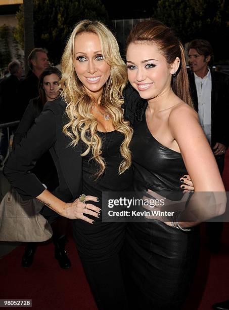 Executive producer Tish Cyrus and actress/singer Miley Cyrus arrive at the premiere of Touchstone Picture's "The Last Song" held at ArcLight...