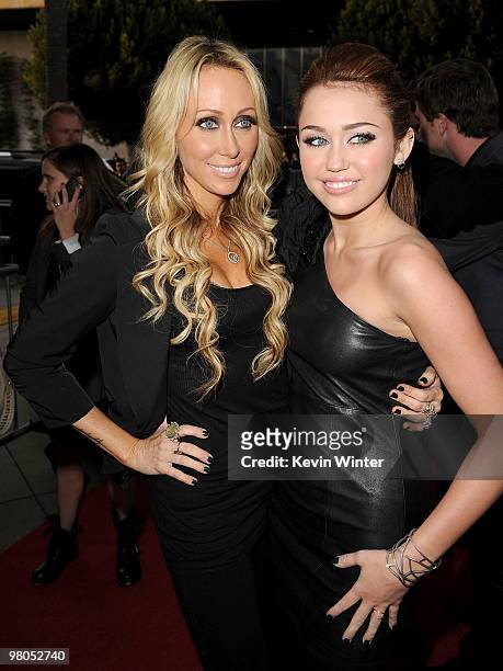 Executive producer Tish Cyrus and actress/singer Miley Cyrus arrive at the premiere of Touchstone Picture's "The Last Song" held at ArcLight...