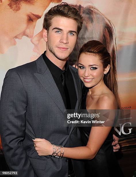 Actor Liam Hemsworth and actress/singer Miley Cyrus arrive at the premiere of Touchstone Picture's "The Last Song" held at ArcLight Hollywood on...